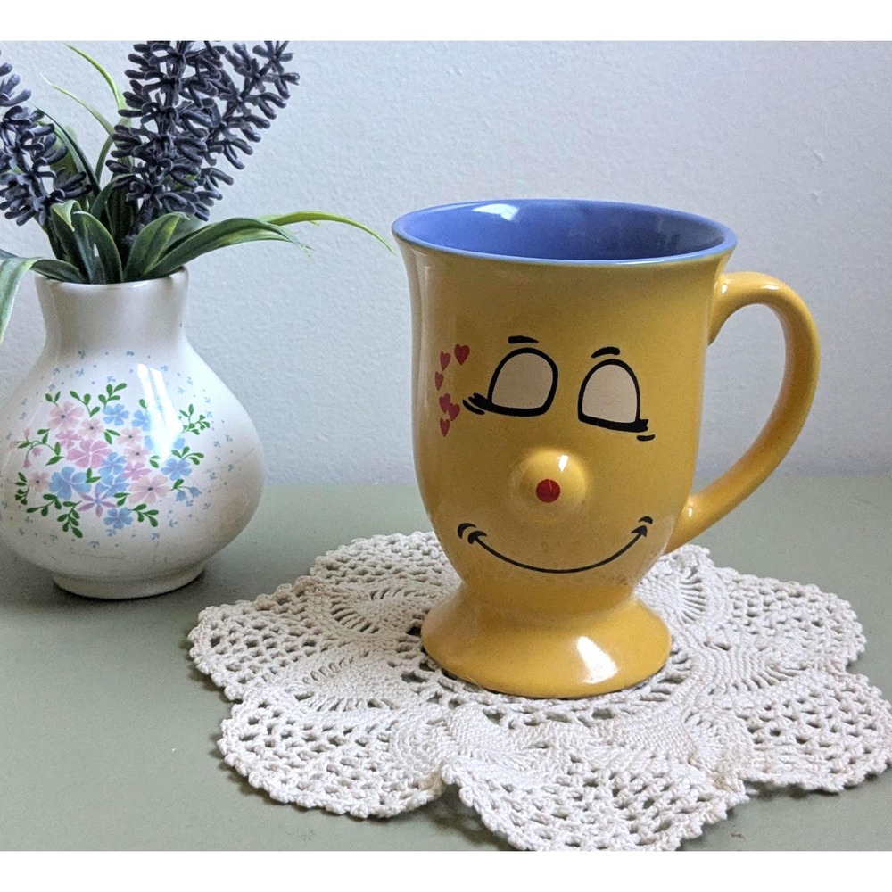 Vintage Yellow Funny Face Mug 3D Nose Hearts Blue Interior Footed Cup